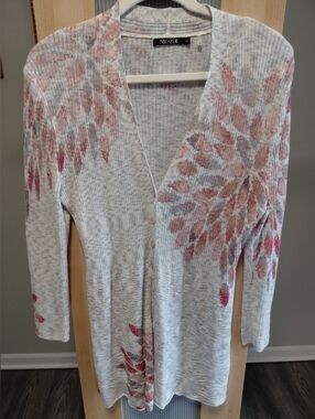Nic+Zoe Gray Pink Knit Long Cardigan Sweater